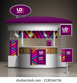 Purple exhibition stand design with color geometric elements. Booth template. Corporate identity