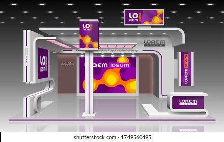 Purple exhibition stand design with orange molecules. Booth template. Corporate identity