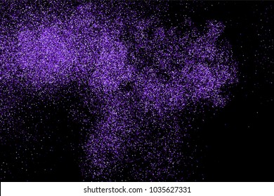 Purple explosion of confetti. Magenta abstract texture isolated on black background. Mauve flat design element. Vector illustration,eps 10.