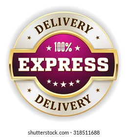 Purple express delivery badge with gold border on white background