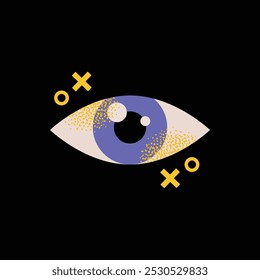 Olho roxo com símbolos cruzados em um fundo preto. Ilustração vetorial em estilo de design plano. Vigilância ocular e conceito de privacidade para design e impressão