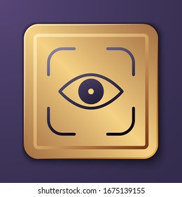 Purple Eye scan icon isolated on purple background. Scanning eye. Security check symbol. Cyber eye sign. Gold square button. Vector Illustration