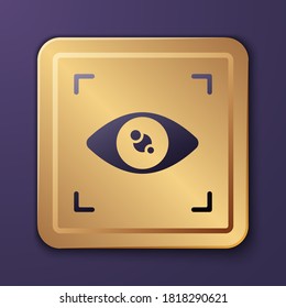 Purple Eye scan icon isolated on purple background. Scanning eye. Security check symbol. Cyber eye sign. Gold square button. Vector