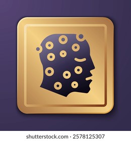 Purple Face with psoriasis or eczema rash icon isolated on purple background. Concept of human skin response to allergen or chronic body problem. Gold square button. Vector