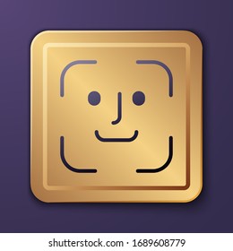 violettes Gesichtserkennungssymbol einzeln auf violettem Hintergrund. Scanner-Symbol für Gesichtserkennung. Gesichtsnummer. Cyber-Sicherheitskonzept. Goldquadrat-Taste. Vektorillustration-Illustration