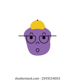 Purple face wearing glasses and yellow hat with mouth forming letter o, eyes looking up, no hair, vector illustration.