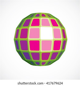 Purple faceted orb created from squares, dimensional vector sphere. Low poly geometric design element for use in engineering and technology.