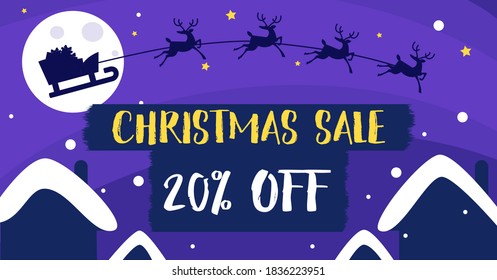 Purple fairy banner Christmas sales. Flying sleigh drawn by reindeer on the background of the moon. Winter village. Vector illustration.