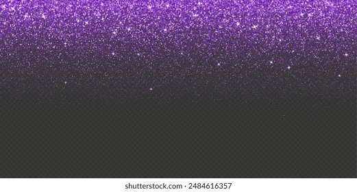 Purple falling glitter, shiny confetti with glowing sparkles, shimmer spray effect, festive holiday particles isolated on a dark background. Vector illustration.