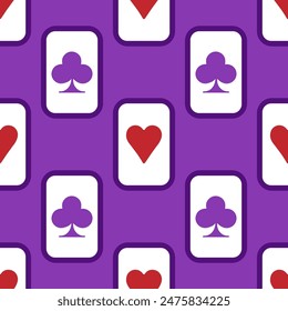 Purple falling playing cards seamless pattern. Poker and Wonderland