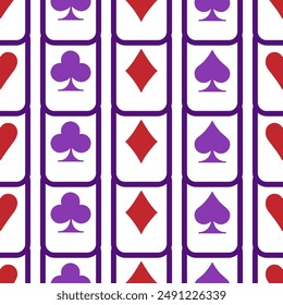 Purple falling playing cards seamless pattern. Poker and Wonderland