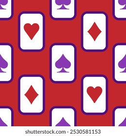 Purple falling playing cards seamless pattern. Poker and Wonderland
