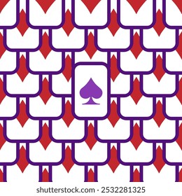Purple falling playing cards seamless pattern. Poker and Wonderland