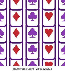 Purple falling playing cards seamless pattern. Poker and Wonderland