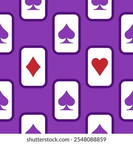 Purple falling playing cards seamless pattern. Poker and Wonderland
