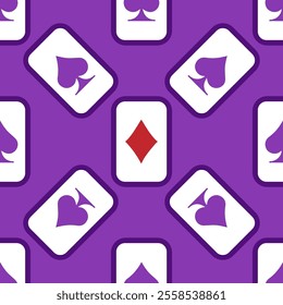 Purple falling playing cards seamless pattern. Poker and Wonderland