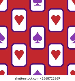 Purple falling playing cards seamless pattern. Poker and Wonderland