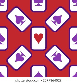 Purple falling playing cards seamless pattern. Poker and Wonderland