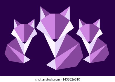 Purple Family Fox. Polygon Style Fox. Origami Fox, Animal. Mosaic Style. 