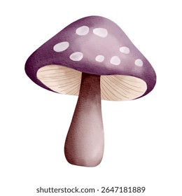 Purple fantasy mushroom in watercolor style. Pastel soft tones. Magical and whimsical illustration element