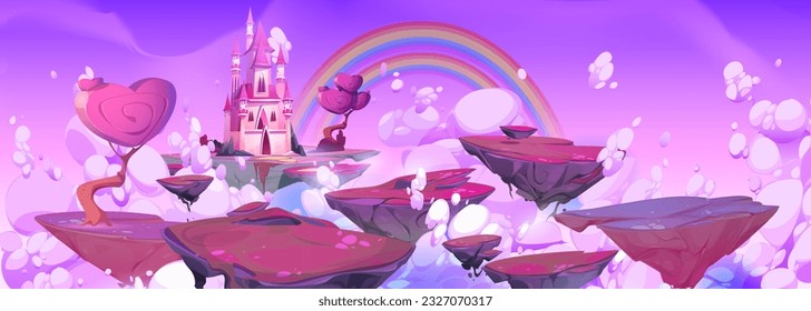 Purple fantasy sky with floating island and magic castle cartoon illustration. Fairytale mobile rpg game vector background with medieval princess mansion with rainbow landscape on flying platform