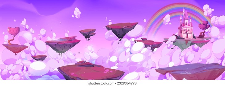 Purple fantasy sky with floating island and magic castle cartoon illustration. Fairytale mobile rpg game vector background with medieval princess mansion with rainbow landscape on flying platform