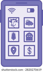 Purple Farm Management App Icon. Vector Illustration. Phone App for Farm Accounting, Planning, and Expense Control. Cow, Rain Cloud, Wheat, Barn, Geolocation, and Dollar Sign. Agrotechnology and Smart Farming Concept