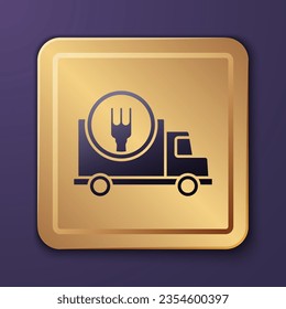 Purple Fast round the clock delivery by car icon isolated on purple background. Gold square button. Vector Illustration