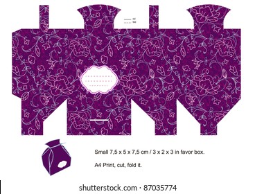 Purple Favor box die cut. Floral pattern. Empty label.