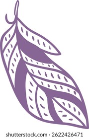 Purple feather with decorative pattern floating gently, representing lightness, freedom, and spiritual connection, ideal for bohemian, nature inspired, or wellness designs