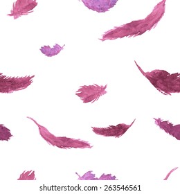 Purple feathers on white background seamless pattern 