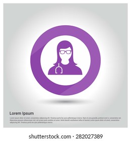 Purple Female Doctor icon, Circle Long shadow pictogram icon on gray background.