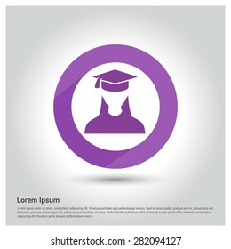 purple female graduate student icon, Circle Long shadow pictogram icon on gray background.