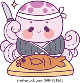 a purple female octopus is cooking a fish with a knife in her hand and a Japanese chef costume