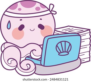 A purple female octopus is doing work on a notebook and is very dizzy because she is being chased by a deadline