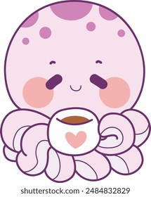 un pulpo femenino morado está disfrutando de una taza de chocolate caliente