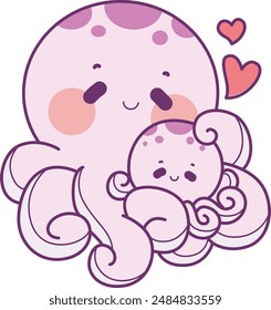 a purple female octopus mother hugs her child tightly