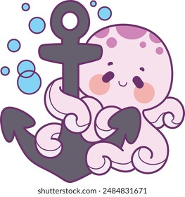 a purple female octopus was playing with a ship's anchor