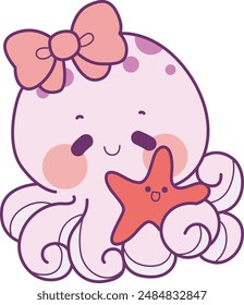 a purple female octopus is playing with a starfish