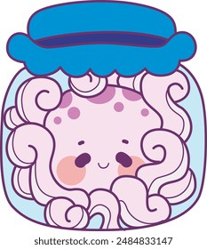 A purple female octopus is trapped in a jar with a blue lid