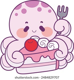a purple female octopus wants to eat a strawberry cake with a cherry on top