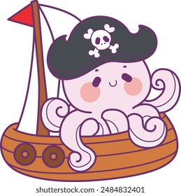 A purple female octopus wearing a pirate hat is playing on a ship