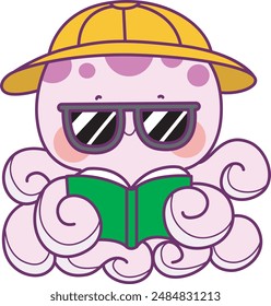 a purple female octopus wearing a yellow hat and sunglasses is reading a green book