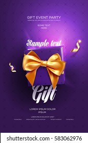 Purple Festive Flyer Or Poster. Top View On Gift Box And Bow With Beautiful Backdrop. Vector Illustration