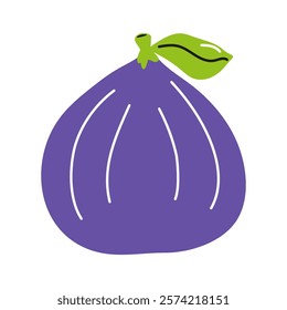 Purple fig with green leaf in flat style on white background.Isolated fig icon