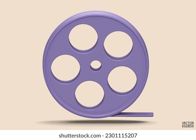 violettes Filmsymbol einzeln auf beigem Hintergrund. Videokamera Band 3D Zeichen Logo. Kamerakonduktionsfilm aufzeichnen 3D-Rendering-Film, Kino, Entertainment-Konzept. 3D-Vektorgrafik.