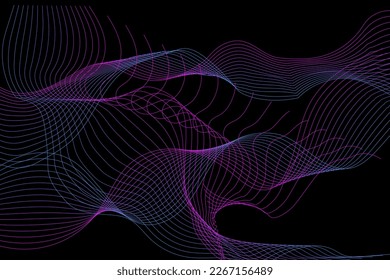 Purple fine lines in wavy pattern making elegant element in black background, vector illustration for websites, presentations, posters, banners, flyers, papers, backdrops. cloths 