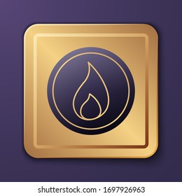 Purple Fire flame icon isolated on purple background. Gold square button. Vector Illustration