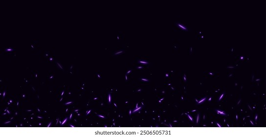 Purple fire sparks, abstract glowing embers, heat sparkles, flying flame cinder, bokeh fire texture. Vector illustration.