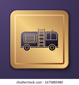 Purple Fire truck icon isolated on purple background. Fire engine. Firefighters emergency vehicle. Gold square button. Vector Illustration